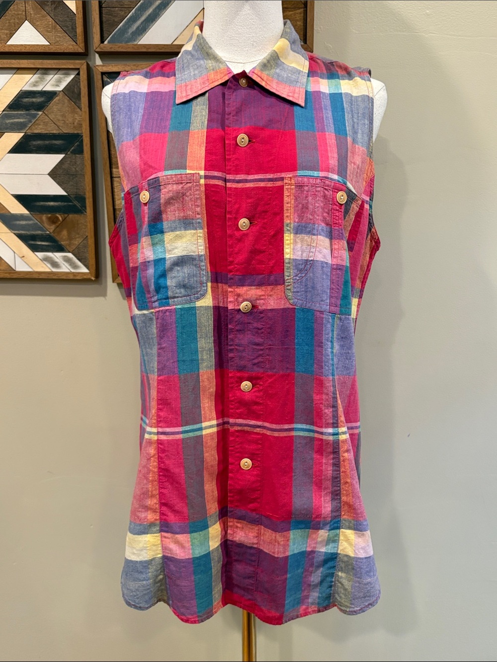 Vintage Ralph Lauren 90s Hand Woven Madras Cotton Sleeveless Button Front Top 12